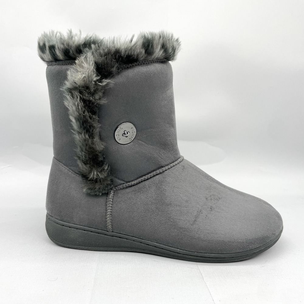 Vionic Womens 10 Fairfax Boots Shoes Grey Faux Fur Suede Orthopedic Comfort Cozy